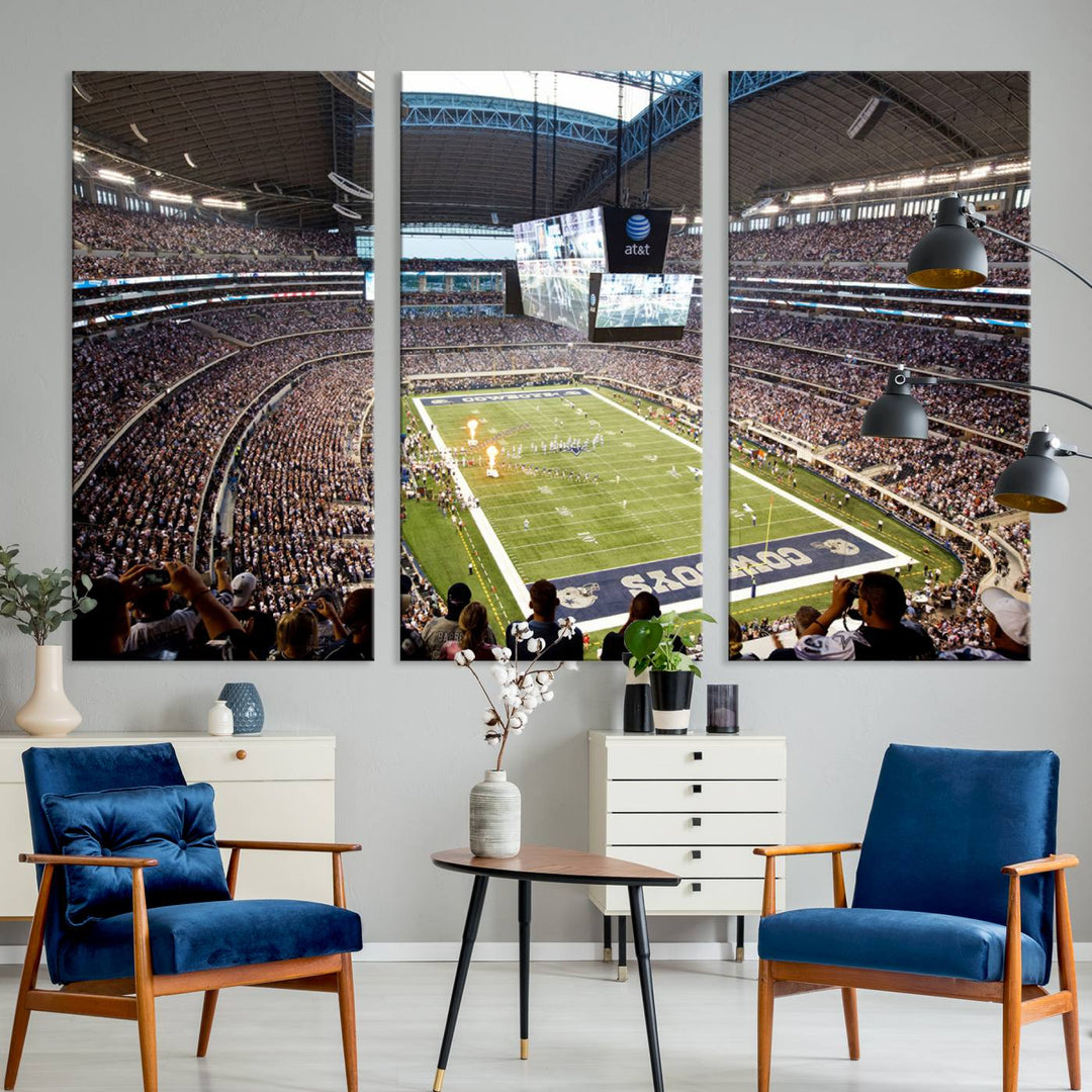 The wall art is a Dallas Cowboys AT&T Stadium Canvas Print, showcasing the iconic logo.