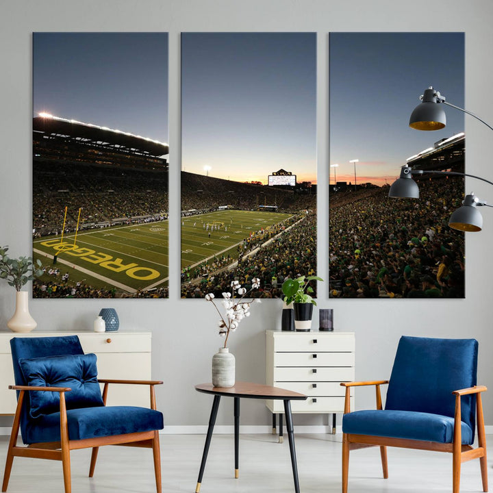 Canvas artwork depicting an Oregon Ducks football game at Autzen Stadium, capturing a sunset and packed stands.