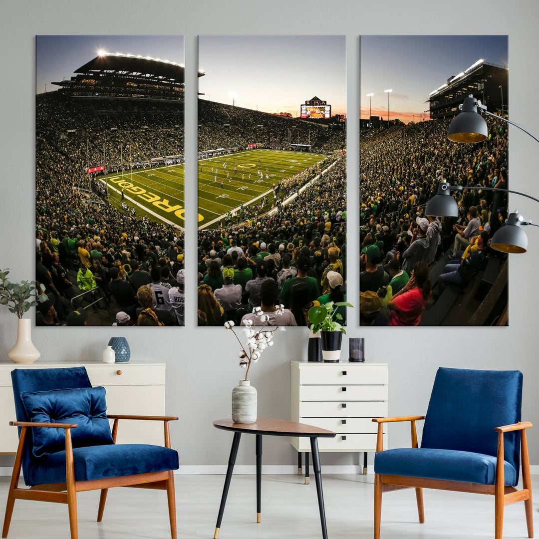 Autzen Stadium Evening Game Triple Canvas Wall Art - Oregon Ducks Football Match