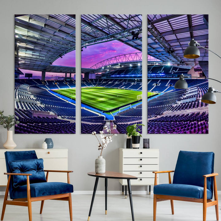 The FC Porto Soccer Team Dragon Stadium Wall Art Canvas Print decorates the room.