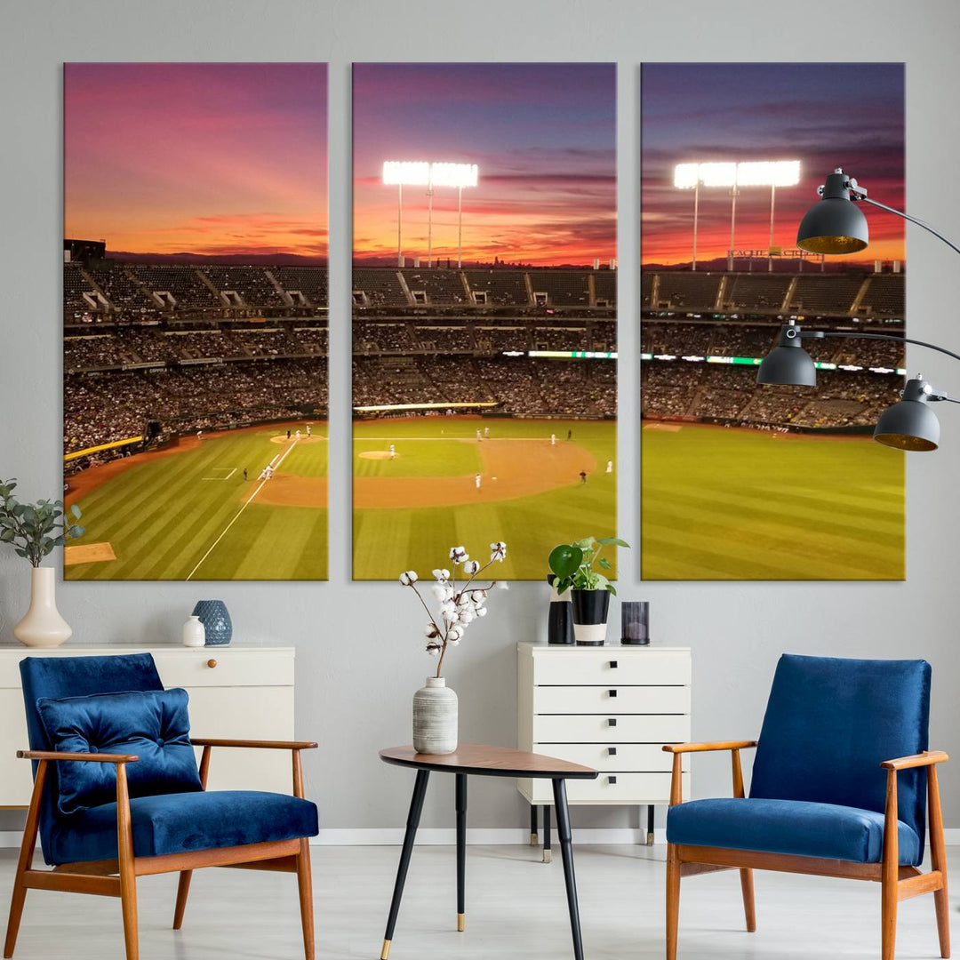 The Oakland Coliseum print is a museum-quality canvas depicting a full crowd and a sunset.