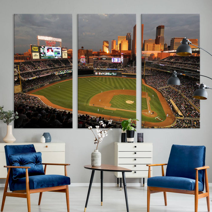 Baseball at Target Field, sunset game, city skyline view.