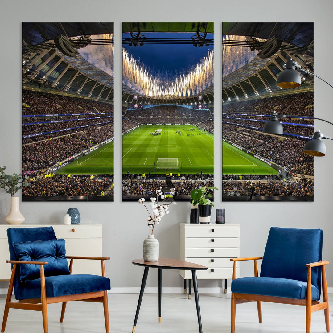 A stunning Tottenham Hotspur Stadium wall art captures the energy of a stadium packed with fans and vibrant lights.