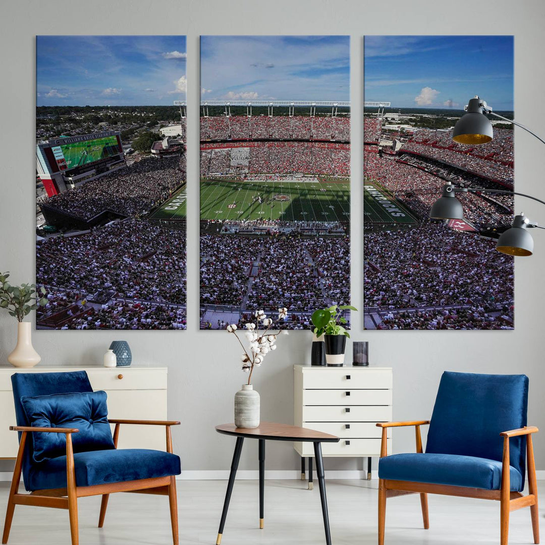 The wall art is a South Carolina Gamecocks print, showcasing Williams-Brice Stadium from a distance under clear skies.