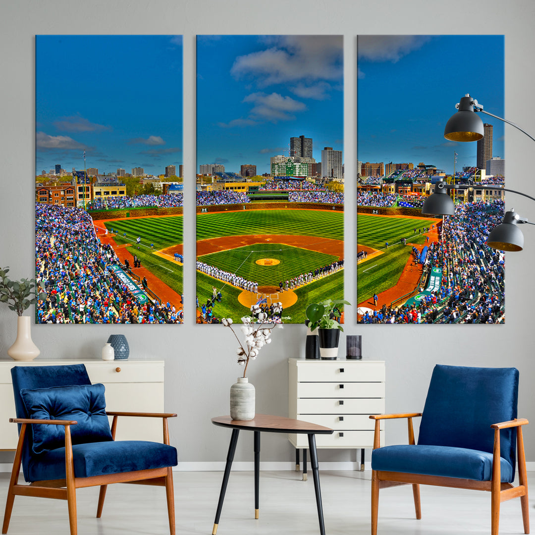 Wrigley Field Chicago Cubs Panoramic 3-Piece Canvas Wall Art - Iconic Baseball Stadium Print for Sports Lovers - Ready to Hang