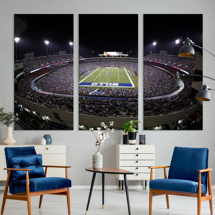 The Buffalo Bills NFL Highmark Stadium at night print captures the bright lights, conveying an exhilarating atmosphere.