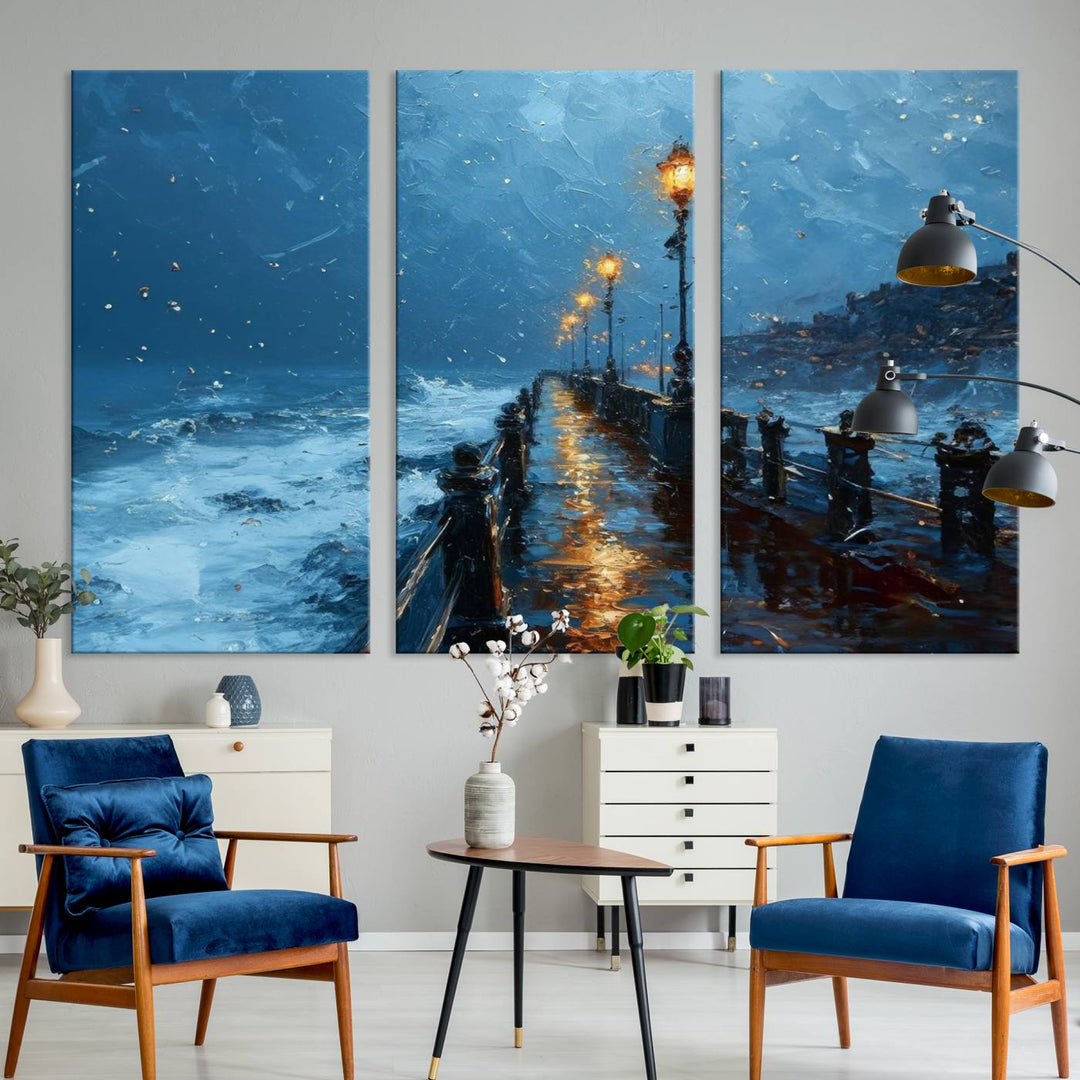 Framed 3-Panel Seaside Night Pier Oil Painting Canvas Wall Art | Ready to Hang Coastal Landscape Art for Modern Living Room, Office, or Bedroom Decor