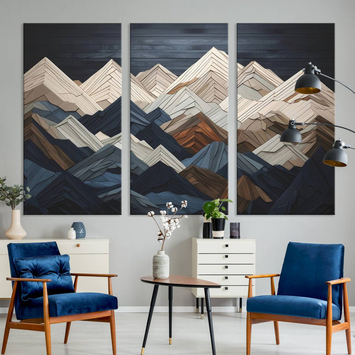 Wood Style Mountain Range Wall Art - Ready to Hang 3-Piece Set for Modern Rustic Decor, Abstract Wooden Design for Living Rooms, Bedrooms & Offices