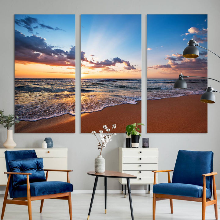 Golden Hour Beach Sunset Wall Art | Canvas Print | Ready to Hang | Coastal Wall Art for Living Room