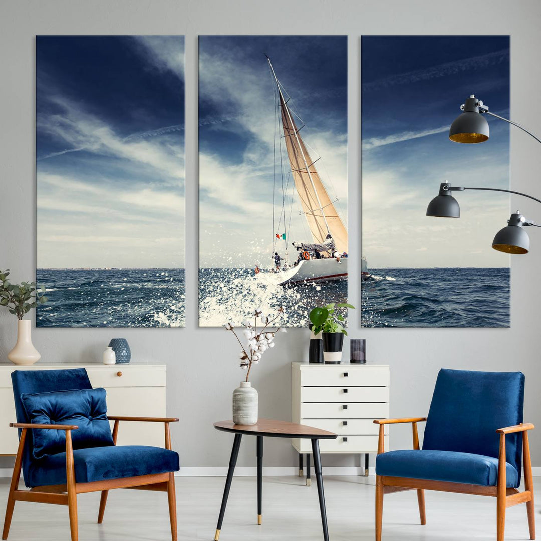 Sailboat Ocean Beach Blue Sky Wall Art Canvas Print