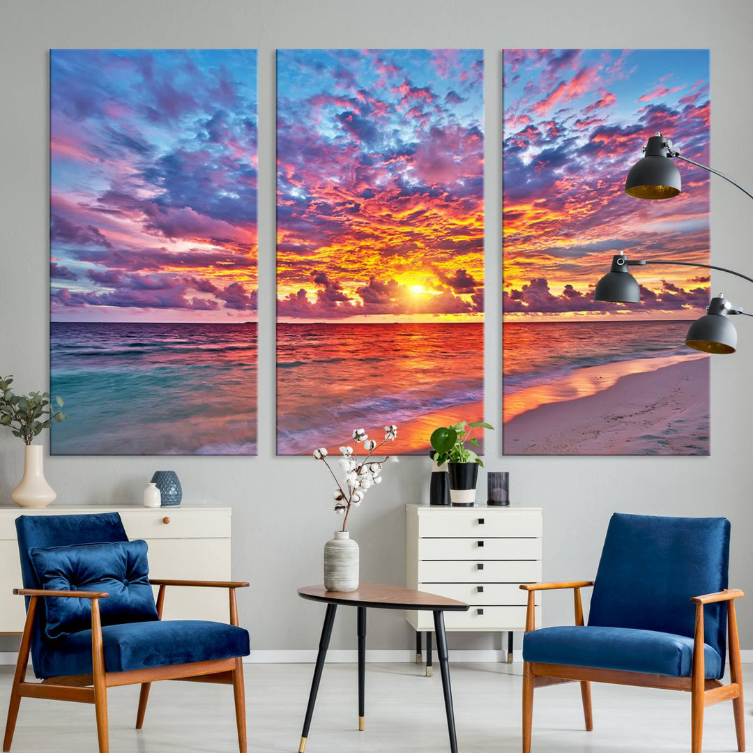 Vibrant Sunset Beach Wall Art | Ocean Sunset Canvas Print | Coastal Wall Art Decor | Ready to Hang | Stunning Sunset Scene for Home or Office Decor