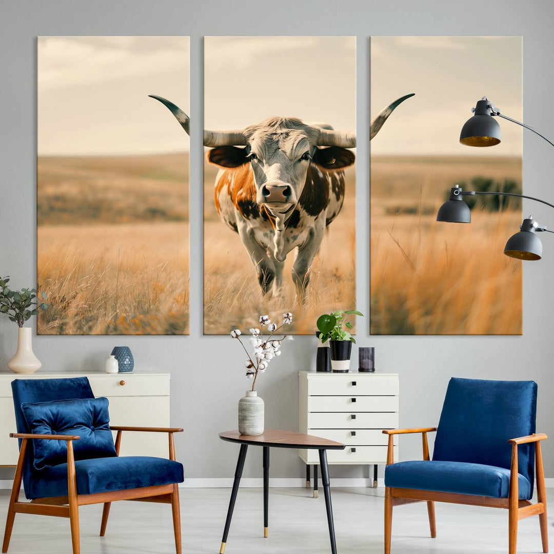 The Texas Cow Longhorn Wall Art Canvas adds rustic charm to the decor.