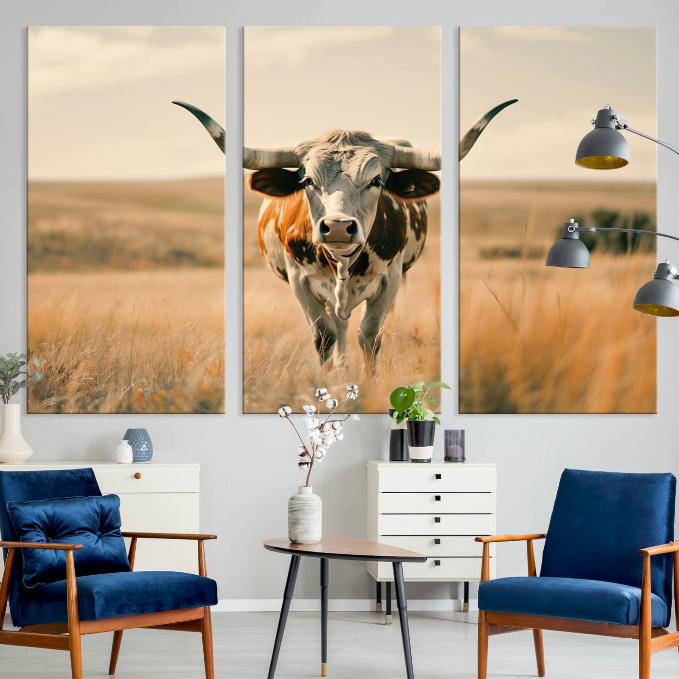 16580-MGV-CV-36X24-Texas Cow Longhorn Wall Art Canvas Print for Farm House Wall Decor, Farmhouse Cow Print Canvas Wall Art Print