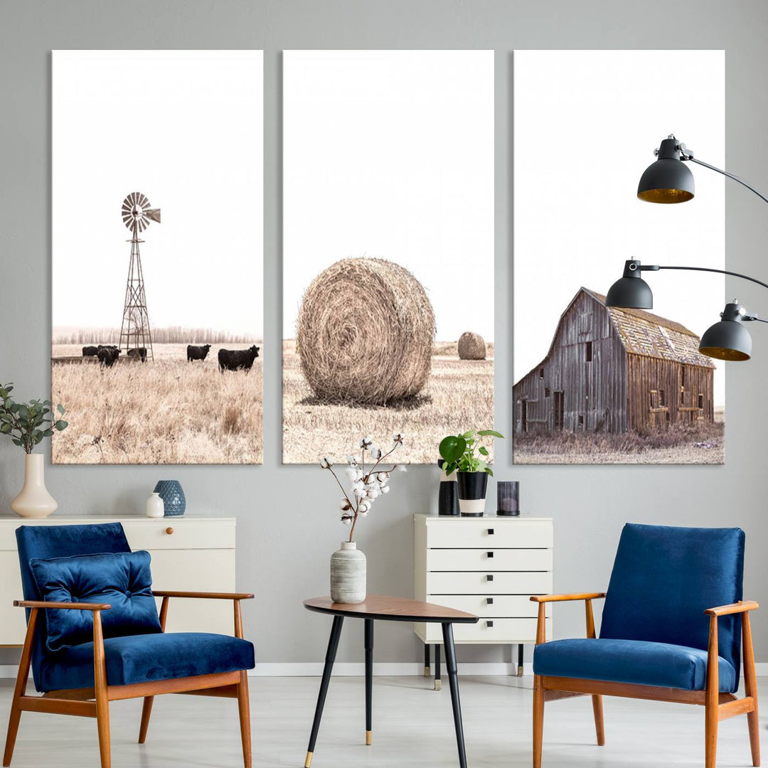 Above the couch, a Rustic Farmhouse Wall Art set depicts a barn and wheat field.