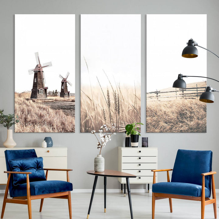 Farmhouse wall art set: 3 giclee canvas prints featuring windmills and wheat fields.