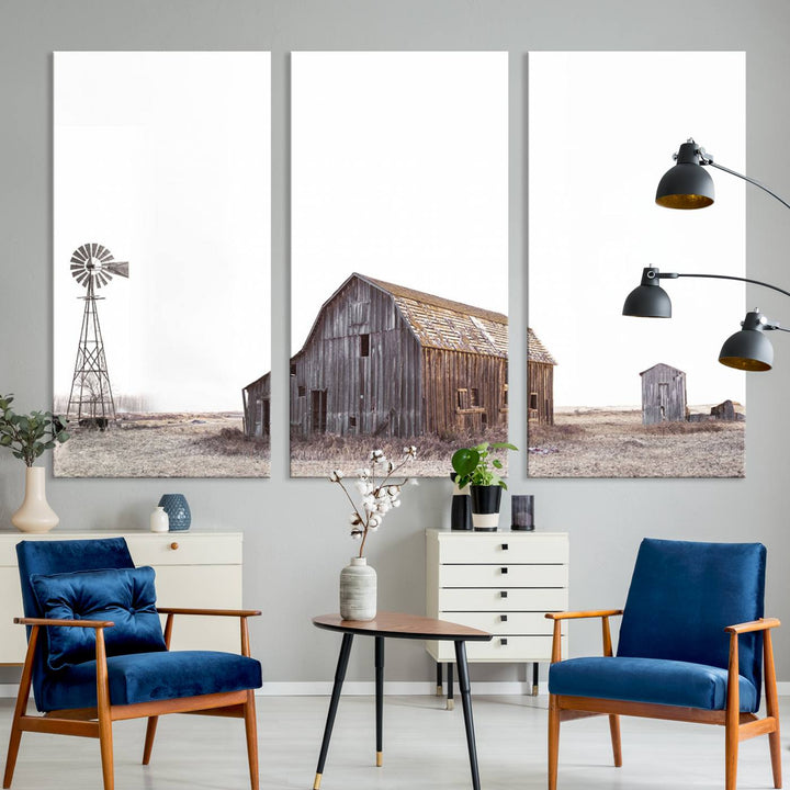 The Set of 3 Rustic Farmhouse Wall Art Prints features a barn, wheat field, and landscape.