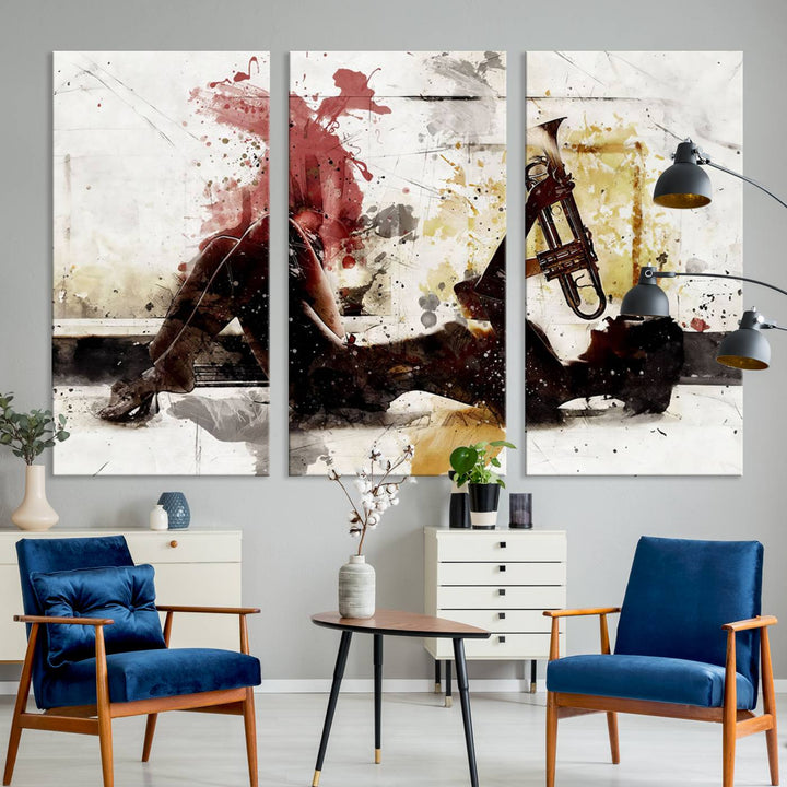 Introducing the Stylish Jazz Woman with Trumpet Triptych Canvas Art: This modern abstract wall décor features a captivating painting of a person lying with a trumpet, set against an abstract background with dynamic red and yellow splashes. This triptych artwork beautifully captures the essence of music and emotion in vibrant colors.