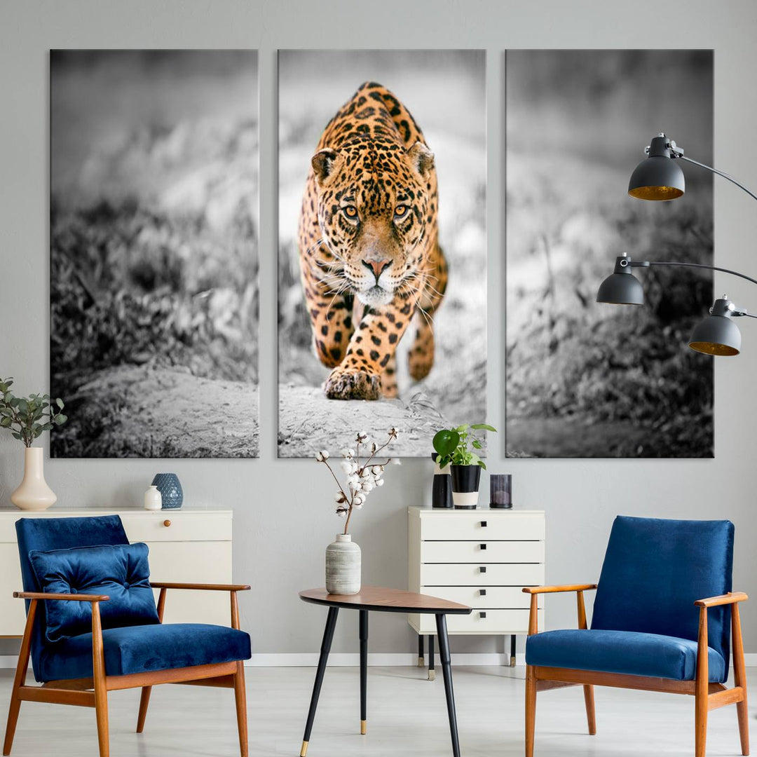 A striking three-panel "Jaguar Stalking Wall Art Canvas Print - Majestic Big Cat in Focused Pursuit" features a leopard walking forward, set against a black and white background.