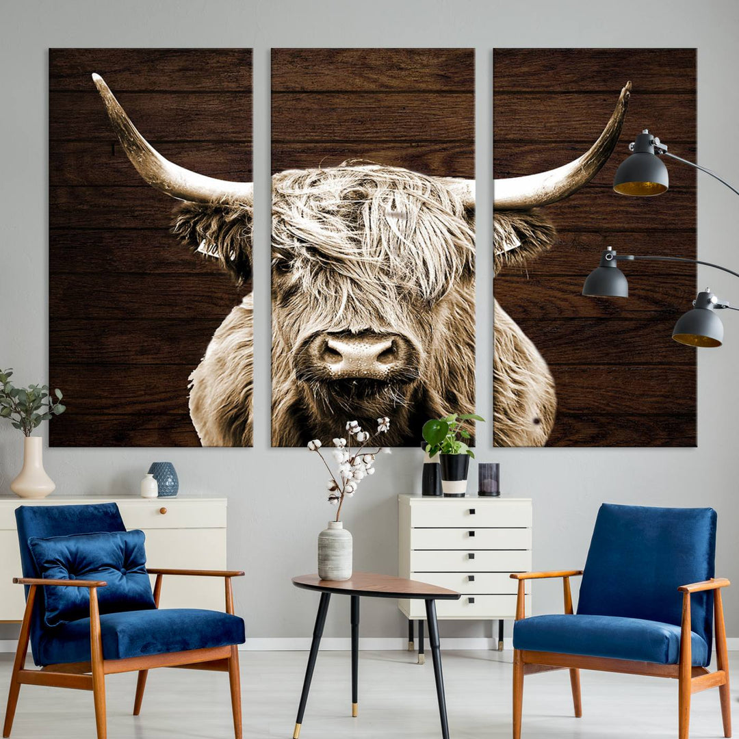 Highland Cow Wall Art Canvas Print: Majestic Scottish bull on rustic decor, ready to hang.