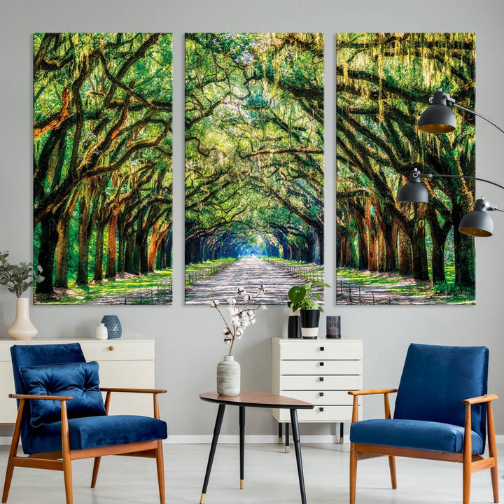 Serene Tree Tunnel Wall Art Canvas Print – Pathway Under Canopy of Lush Green Trees, Nature-Inspired Decor for Living Room – Ready to Hang