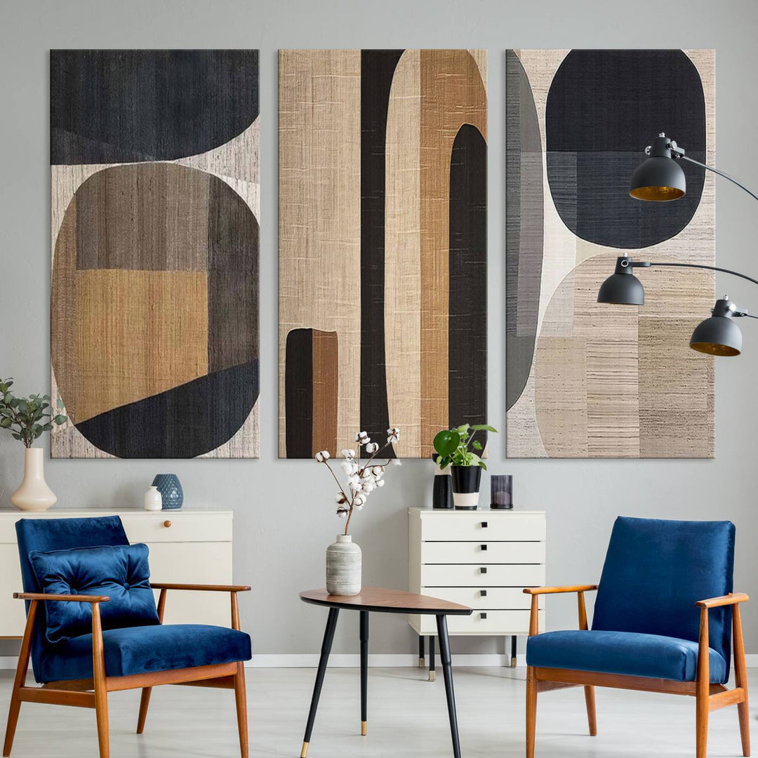 A modern dining room featuring neutral geometric boho abstract minimalist canvas art.