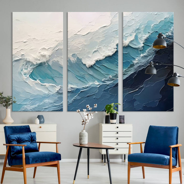 The Blue Abstract Wave Ocean Wall Art Canvas Print hangs prominently.