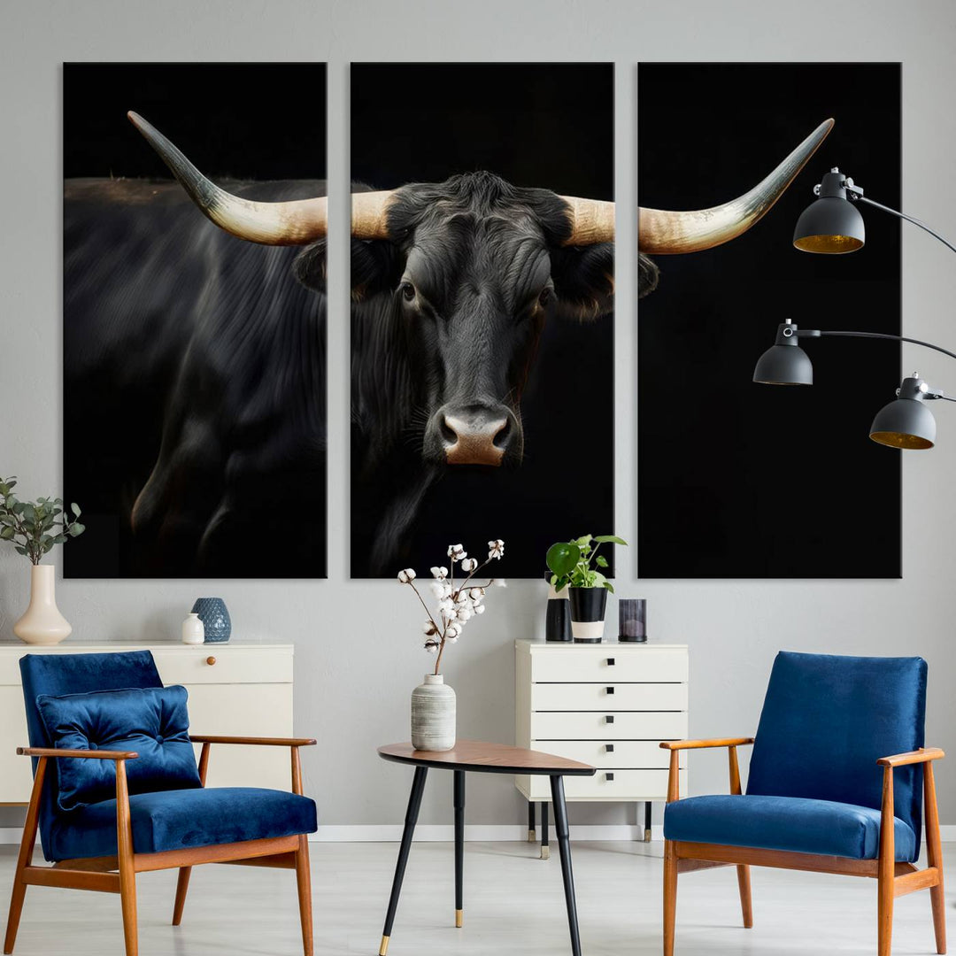 Texas Longhorn Cow | Majestic Black Bull Wall Art Canvas Print - Farmhouse Animal Decor - Ready to Hang