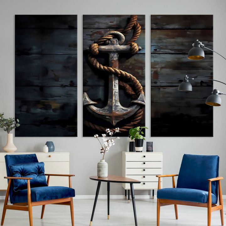 The wooden wall displays a 3 Panel Grunge Abstract Anchor Wall Art Canvas Print Set.