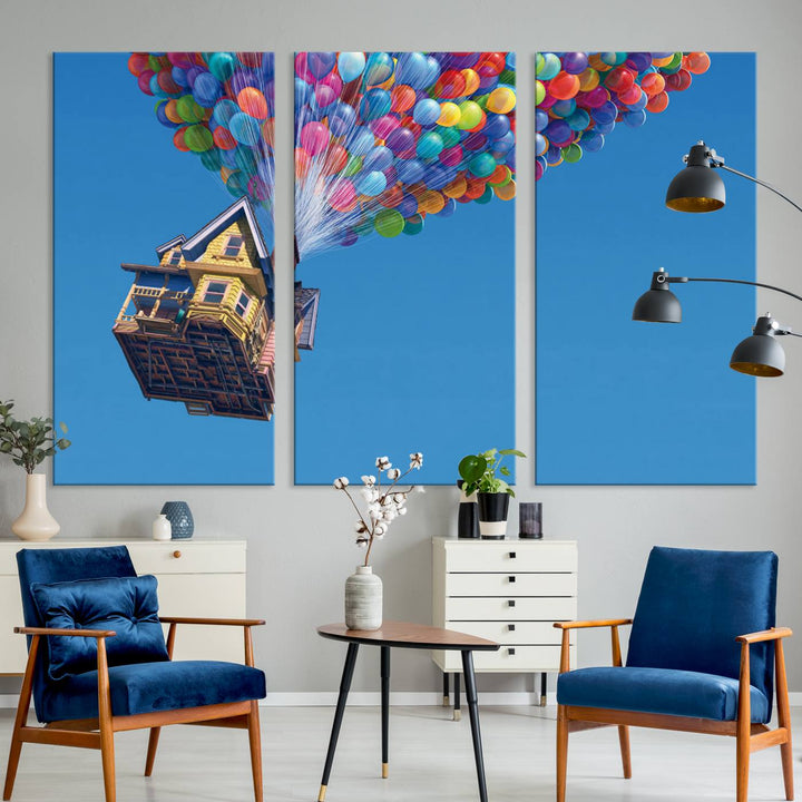 The "Carl Fredricksen, Up Movie Wall Art" features a three-panel design with a house lifted by colorful balloons, adding whimsical decor to any space.