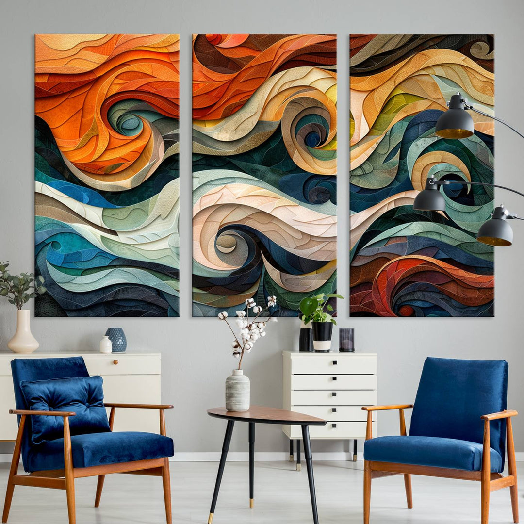 Abstract Wave Wall Art is a ready-to-hang framed canvas print featuring swirling orange, blue, and white patterns. It's perfect for adding vibrant decor to modern spaces.