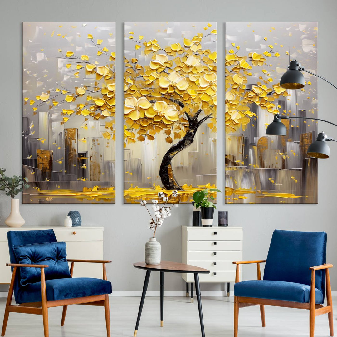 A framed canvas print from the "Golden Tree Canvas Print | Abstract Wall Art for Modern Homes | Ready to Hang Framed Artwork" collection hangs elegantly against the dark wall, epitomizing exquisite abstract wall art.