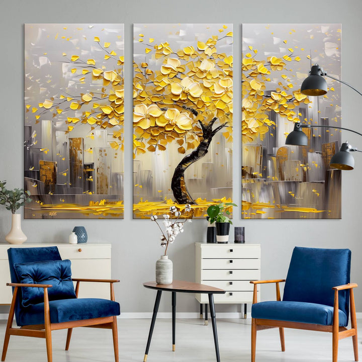 A framed canvas print from the "Golden Tree Canvas Print | Abstract Wall Art for Modern Homes | Ready to Hang Framed Artwork" collection hangs elegantly against the dark wall, epitomizing exquisite abstract wall art.