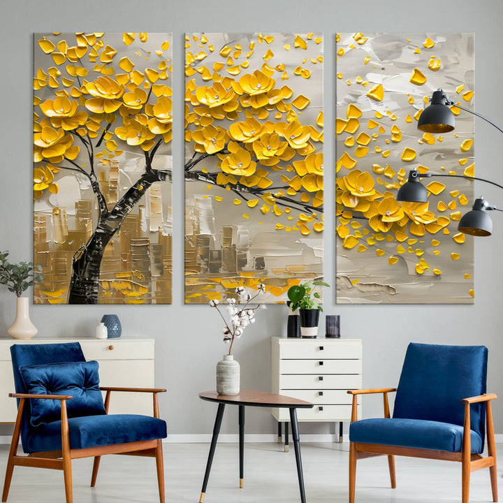 The living room showcases a Yellow Blossom Tree Canvas Wall Art, modern and floral.