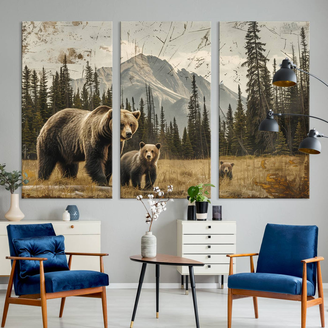 Displaying the Rustic Grizzly 399 Bear Family Wall Art Canvas Print in a modern living space adds remarkable charm. This triptych piece showcases a bear family in the forest, printed on museum-quality canvas and ready to hang, seamlessly enhancing your decor with its striking detail and elegance.