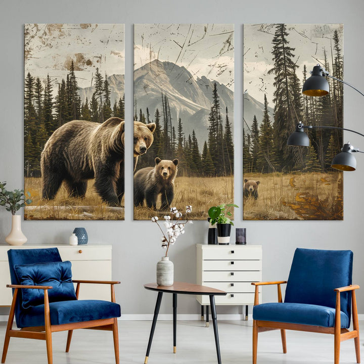 Rustic Grizzly 399: Bear Family Wall Art Canvas Print.