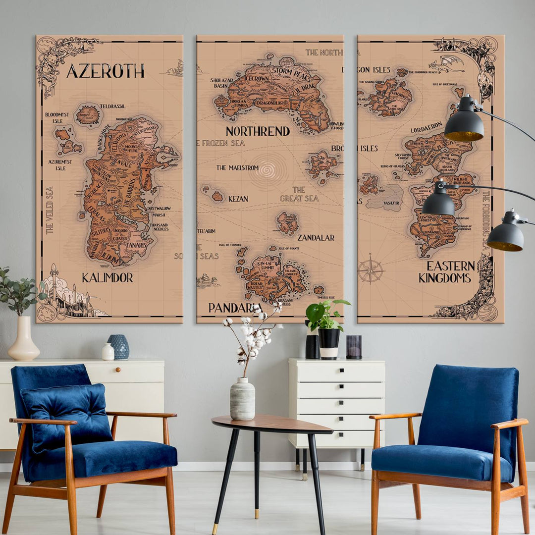 The Vintage Azeroth World Map Canvas Print, a stunning three-piece set, enhances the space with its vintage charm, perfectly complementing your gaming decor.