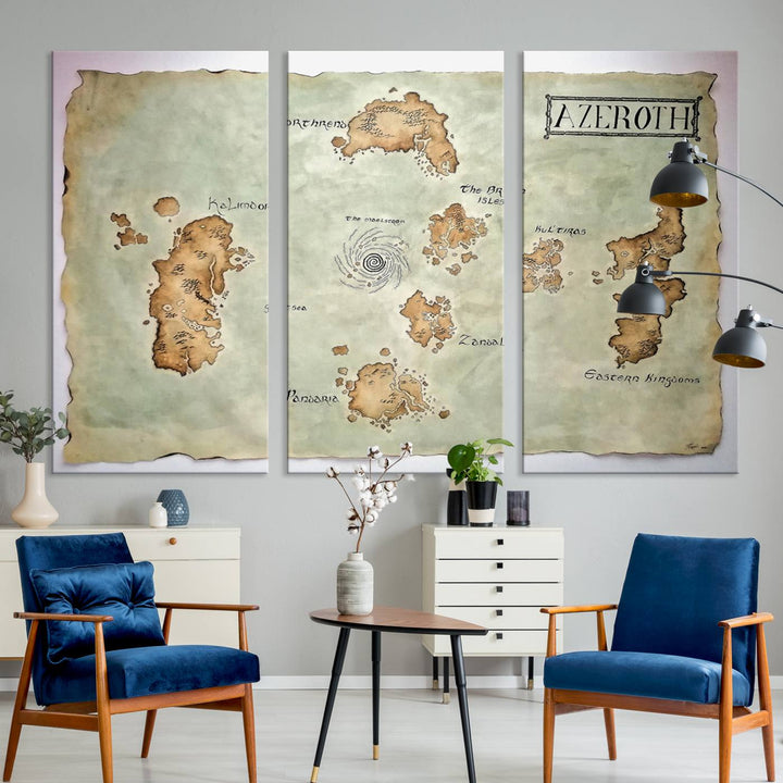 The Azeroth World Map Wall Art Canvas Print, a three-panel vintage piece, brings a cozy fantasy gaming atmosphere to the room.