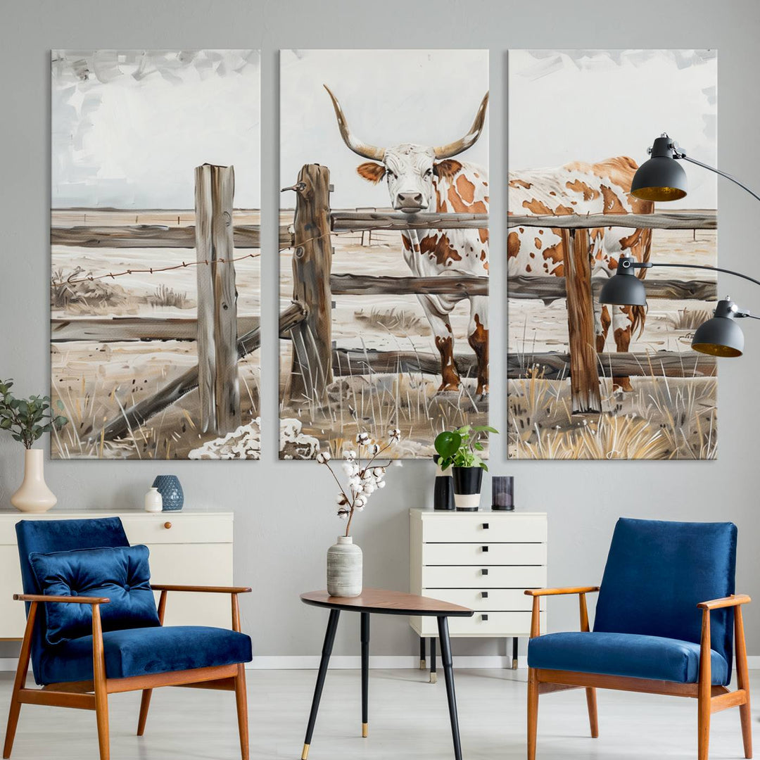 The Abstract Longhorn Cow Wall Art, a ready-to-hang framed canvas print, adds rustic charm and perfectly captures the essence of rural elegance.