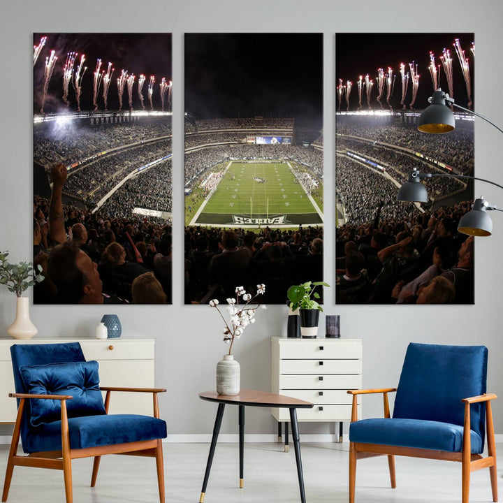 The living room features a spectacular Philadelphia Eagles Football Team Print. This wall art canvas print of Lincoln Financial Field at night captures a Philadelphia Eagles game under the dazzling brilliance of fireworks, making it an eye-catching centerpiece.