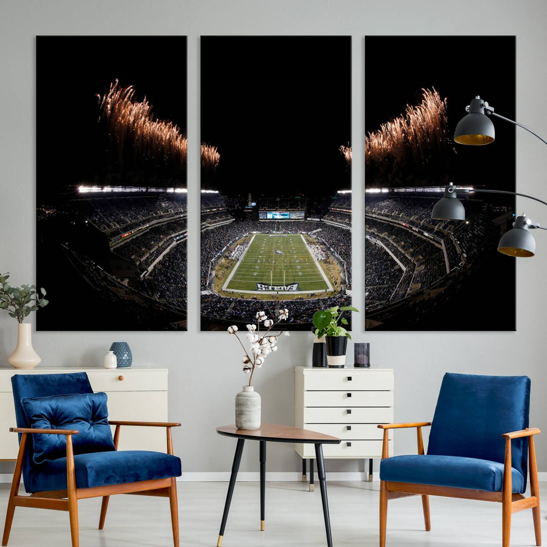 A stunning triptych wall art featuring the Philadelphia Eagles Football Team Print, capturing Lincoln Financial Field with spectacular fireworks.