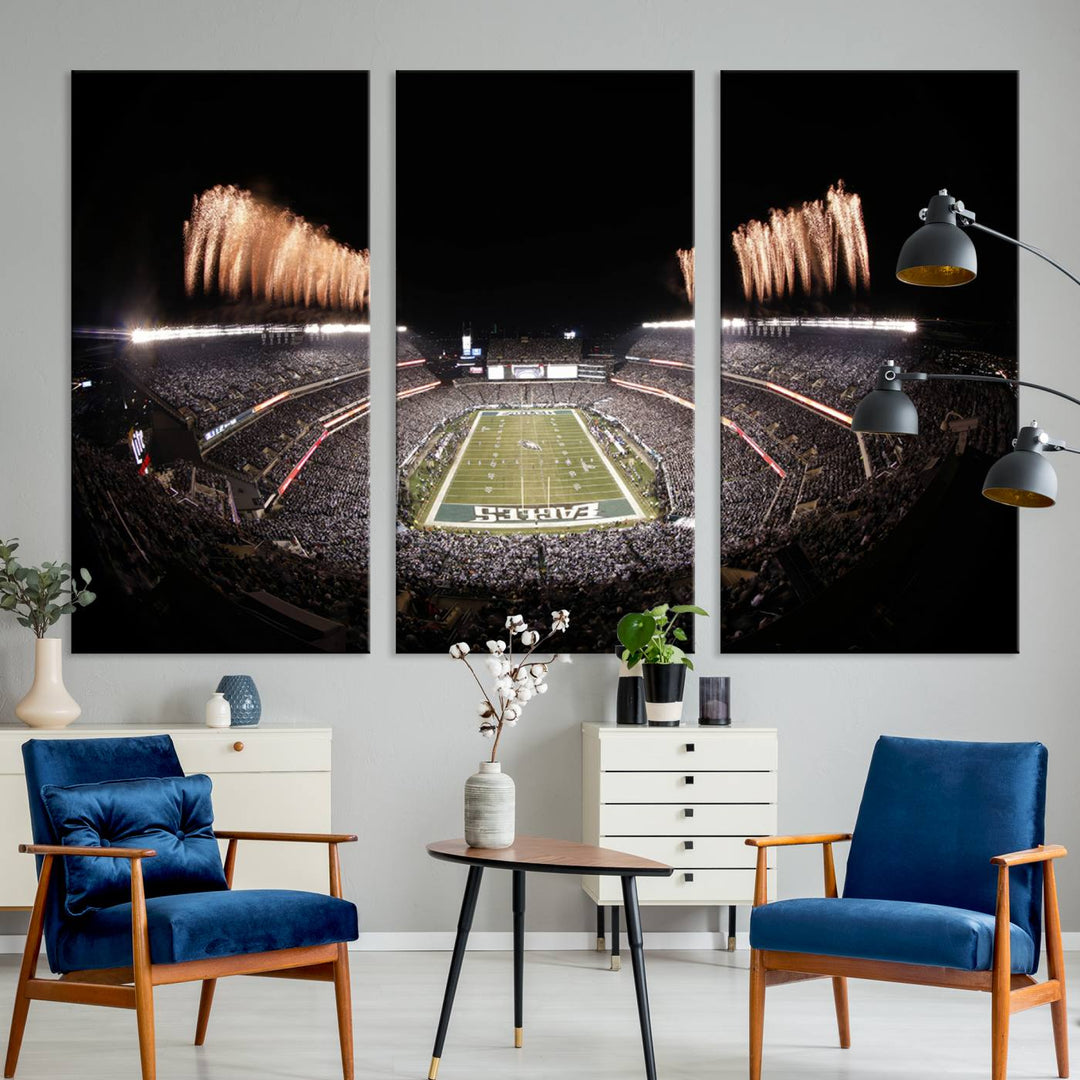 Experience the breathtaking Lincoln Financial Field Fireworks Game captured in this triple canvas wall art. A must-have for any Philadelphia Eagles fan!