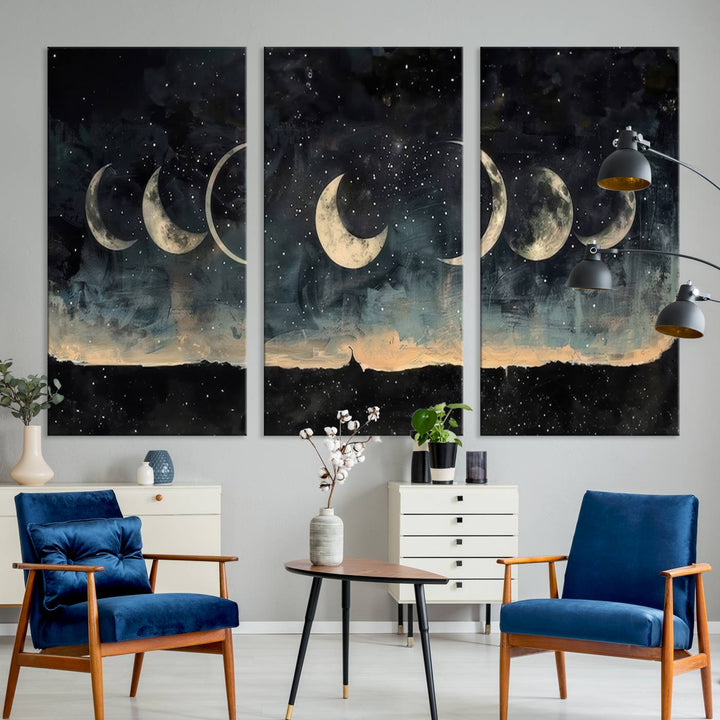 The "Phases of the Moon Wall Art," a framed canvas series capturing the celestial beauty of lunar cycles against a starry night, adds an elegant touch to the contemporary dining room.