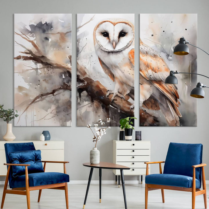 The Barn Owl Wall Art, a watercolor canvas print, elegantly adorns the wall in a modern living room, seamlessly merging farmhouse wall decor with contemporary style.