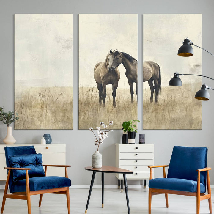 The Chinese Style Grunge Horses Wall Art Canvas Print, featuring a three-panel design of two horses in a misty field, is crafted on museum-quality canvas using high-resolution printing and hangs elegantly.