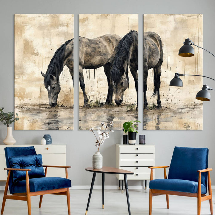 Chines Ink Style Black Horses Wall Art Canvas Print features a triptych painting of two horses drinking at the water's edge.