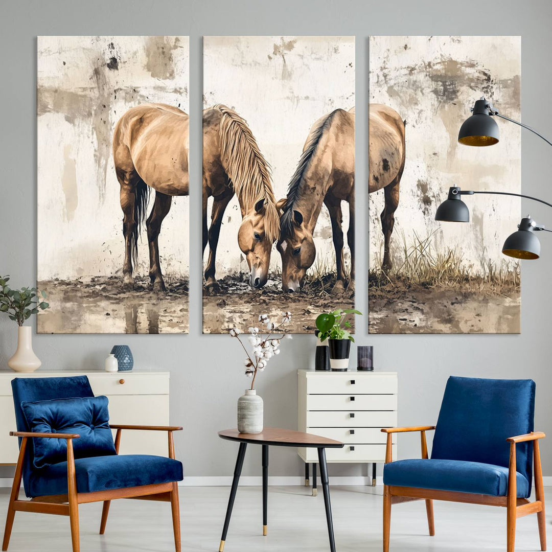 The Vintage Horses Wall Art, a ready-to-hang and framed triptych, beautifully captures two horses gracefully grazing. It perfectly complements the rustic charm of western farmhouse wall decor.