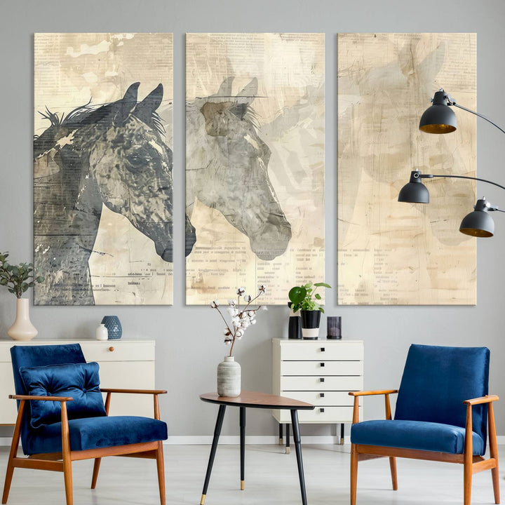 The Abstract Horse Canvas Print, part of the Modern Farmhouse Wall Art collection and ready to hang with its framed design, enhances the decor when displayed as a three-panel set on a dark wall.