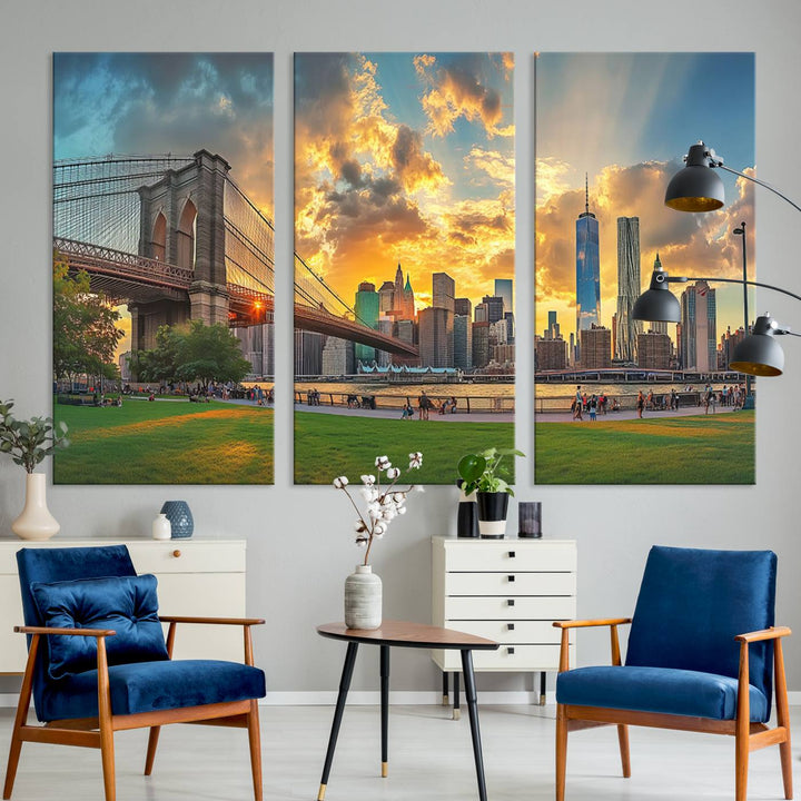 The "Brooklyn Bridge New York Skyline Wall Art" is a ready-to-hang framed canvas print that beautifully captures the cityscape at sunset, showcasing the iconic Brooklyn Bridge and majestic skyscrapers.