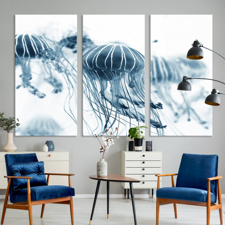 The Abstract Jellyfish Wall Art Canvas Print, a three-panel piece featuring high-resolution printing, hangs elegantly in the room, adding vibrant detail to the space.