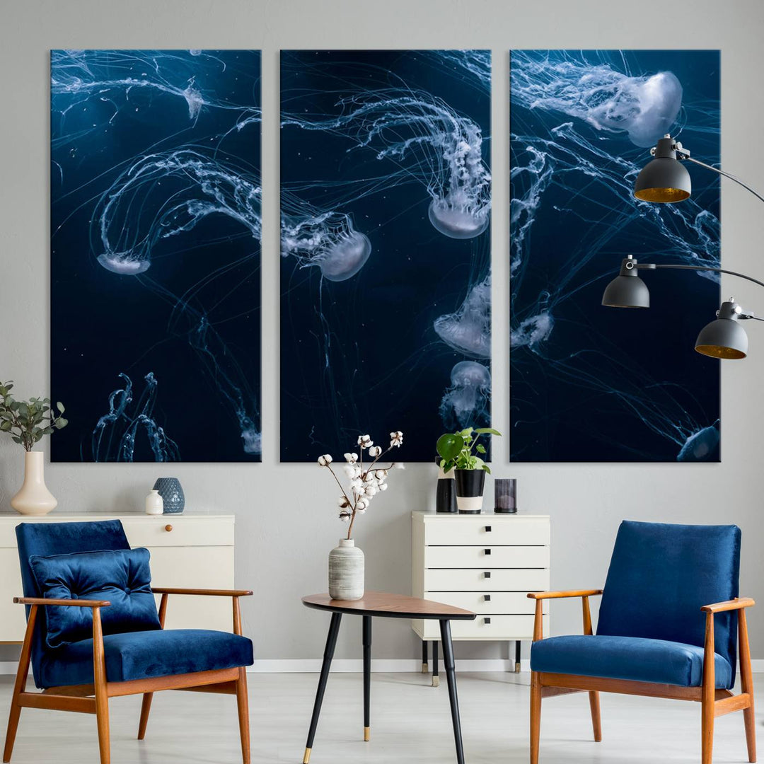 Room with modern decor, featuring the Abstract Jellyfish in Ocean Wall Art Canvas Print on museum-quality canvas.